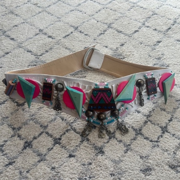 Vtg Salena\'s Collection Beaded Red Stretch Wide Belt OS Nautical Chain 1989 80s Red Wide Waist Belt | Gold Tone Metal Buckle Wide  main image 4
